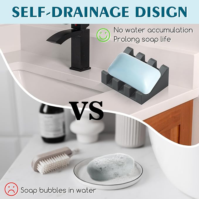 2 Pack Self Draining Silicone Soap Dish for Shower & Kitchen - Waterfall Bar Soap Holder Tray, Non-Slip Soap Saver Keeps Soap Dry, Easy to Clean, Extends Soap Life (Grey) - Image 5