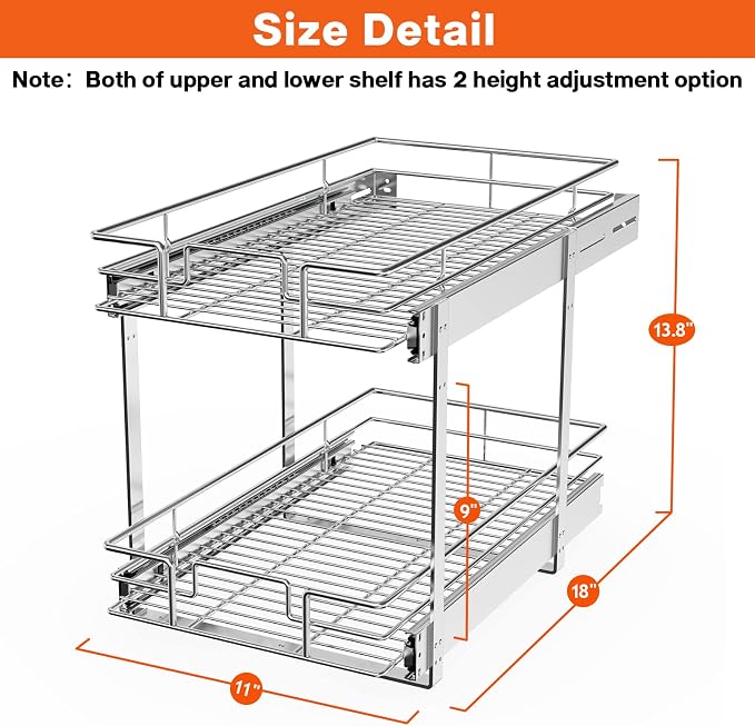 ROOMTEC Individual Pull Out Cabinet Organizer (11" W x 18" D), 2 Tier Spice Rack Organizer for Cabinet, Slide Out Drawer Pantry Shelf Organization and Storage for Kitchen Bathroom - Image 3