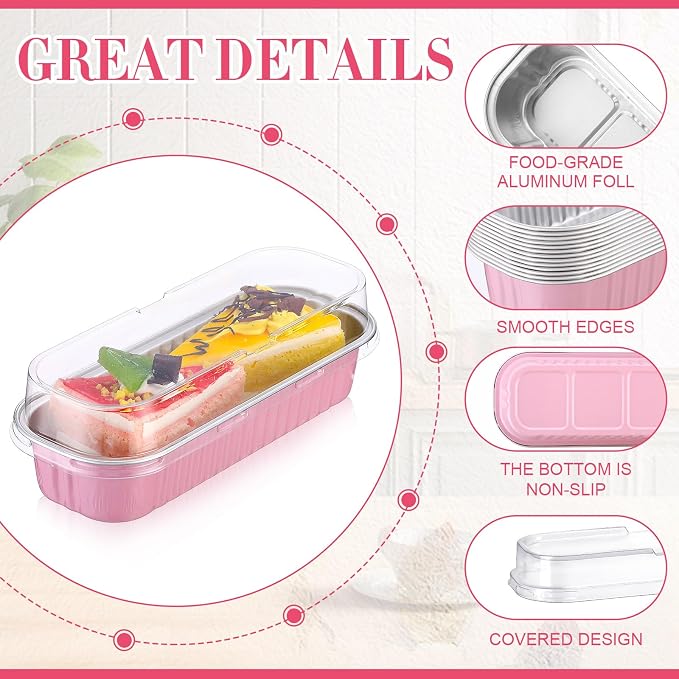 Qunclay 300 Pcs Mini Loaf Pans with Lids 6.8 oz Aluminum Foil Mini Cake Pans with Lids Rectangle Loaf Baking Cups Disposable Cake Containers for Muffin Ramekins Large Gatherings Parties(Pink) - Image 3
