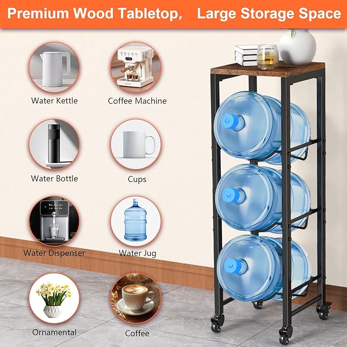 5 Gallon Water Bottle Jug Holder 3-Tier Water Bottle Holder Organizer with Lockable Casters Heavy Duty Water Storage Rack Water Dispenser Stand With Wood Top Shelf for Kitchen Office Garage Brown - Image 3