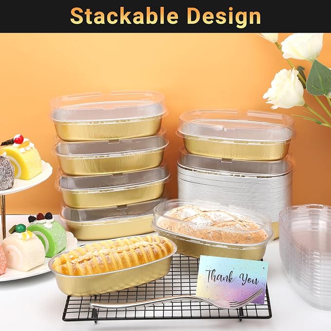 Beasea Mini Cake Pans with Lids, 100 Pack 6 Inch 350ml 12oz Disposable Aluminum Oval Small Cheesecake Loaf Bread Mold Tins Oven Baking Pans for Party Wedding Business - Gold - Image 5