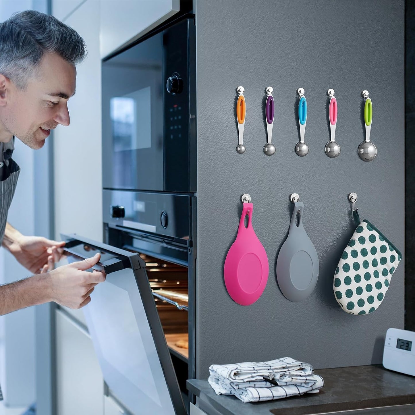 BTLIN Mini Magnetic Hooks, Strong Neodymium Magnet with Hook, Heavy Duty Small Metal Hanging Hook Max Load 18 lbs for Kitchen Fridge Grill Office 12 Pack