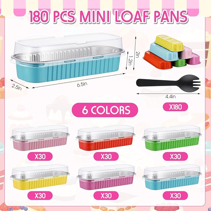 Blushtier 540Pcs Mini Loaf Pans with Lids and Spoons Pastel Color | 6.8oz Aluminum Baking Tins for Cupcakes, Rectangle Style Foil with Spoons, Wedding Bridal Shower, Disposable No-clean - Image 2