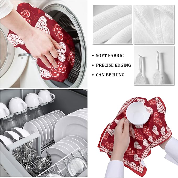 Smile Sunflower Kitchen Towels,Microfiber Cleaning Cloths, Valentine's Day Red Love Heart Soft Dish Towels for Kitchen, Pack of 4 Absorbent Reusable Dish Towels,Tea Towels,Bar Towels,18x28 Inch - Image 5
