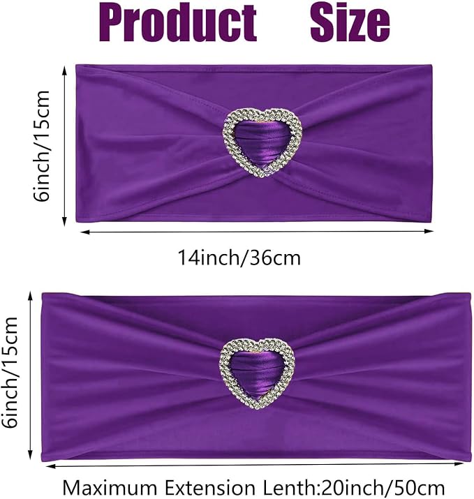 Purple Chair Sashes 50 Pack Spandex Purple Sashes for Chairs Covers Universal Stretch Chair Sashes Band with Heart Buckle Slider Sashes Bows for Wedding Banquet Party Decorations - Image 2