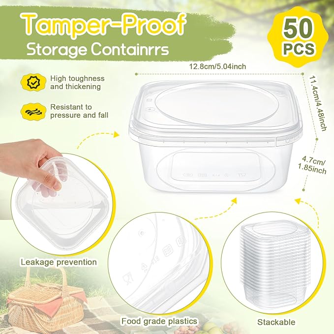 50 Pack 12 oz Deli Containers with Lids, Leakproof, Tamper Proof | Stackable Square, Clear Plastic Food Storage, Meal Prep Containers for Soup, Desserts & Salad, Microwave & Dishwasher Safe - Image 3