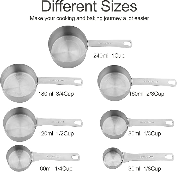 Measuring Cups Set for Kitchen and Baking Tools, Stainless Steel Measuring Cups Set 18/8(304) Steel Material Heavy Duty 7 Measuring Cups and 1 Ring Set of 8 - Image 4