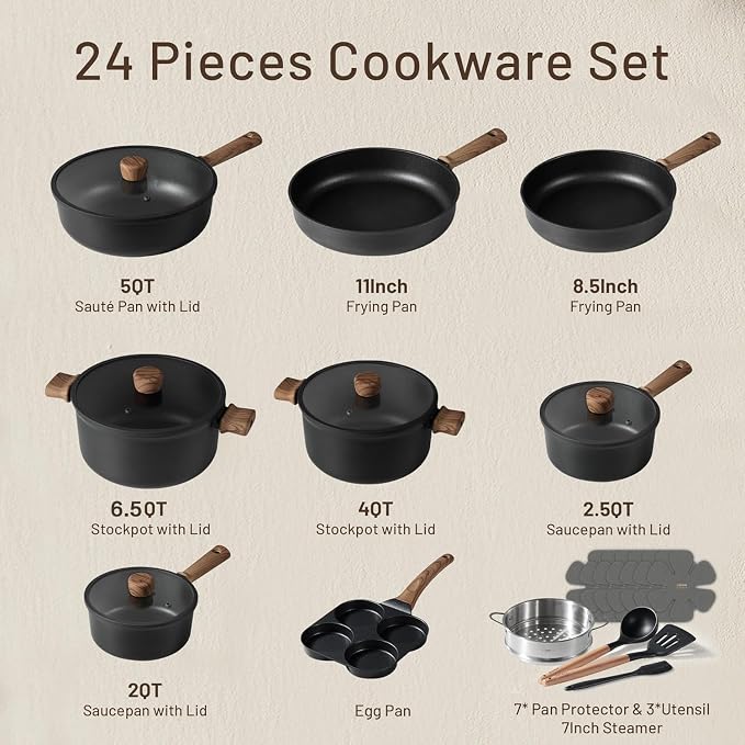 CAROTE 24pcs Nonstick Cookware Sets, Pots and Pans Set - Image 2