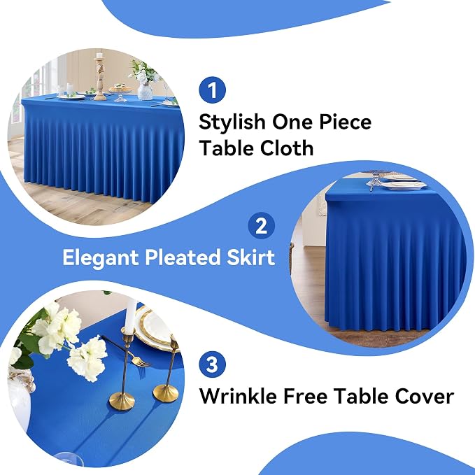 NSSONBEN 2 Pack Royal Blue Spandex Tablecloths 6ft, Wrinkle Free High Stretch Fitted Table Cloths for 6 Foot Rectangle Tables, Ruffle Skirt Spandex Table Covers 6ft for Party Wedding Banquet - Image 3