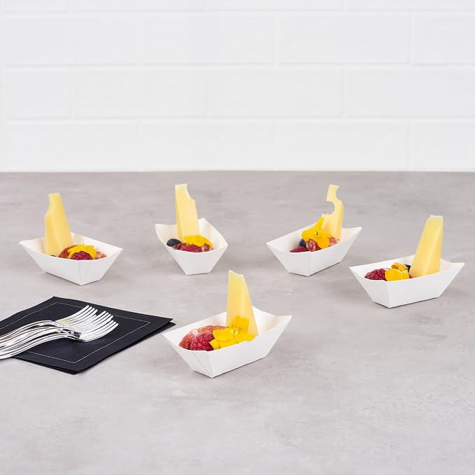 Restaurantware-Bio Tek 2 Ounce Food Trays, 400 Disposable Paper Food Trays - Heavy-Duty, Greaseproof, White Paper Boats, For Snacks, Appetizers, Or Treats, Use At Parties Or Carnivals - Image 4