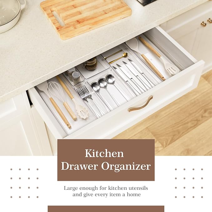 Criusia 14 PCS Clear Plastic Drawer Organizer Set - 5 Large Size Versatile Kitchen and Bathroom Organizer Trays, Non-Slip Storage Bins for Makeup, Utensils, Tool and Office Desk - Image 3