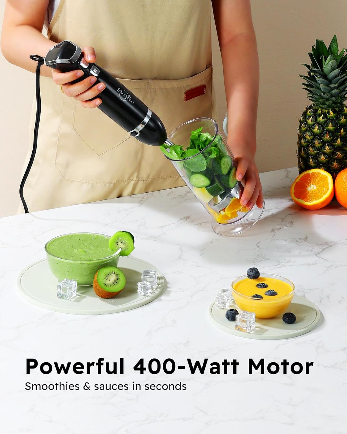 Sangcon Immersion Blender Handheld, 3-in-1 Hand Blender Electric, 400W Handheld Blender, Stainless Steel Blade Stick Mixer with Whisk, Milk Frother Attachments - Black