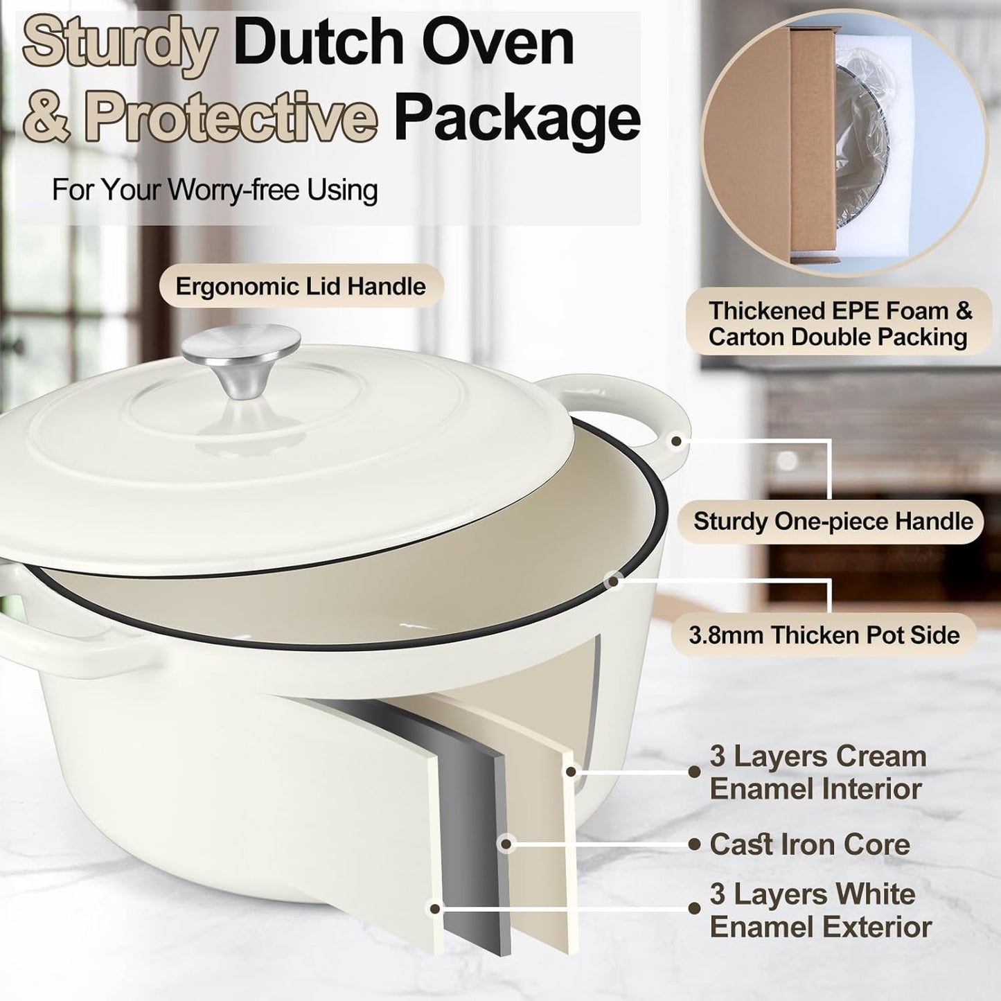 P&P CHEF 7QT Enameled Dutch Oven, Cast Iron Dutch Oven Pot with Lid for Bread Baking, Enameled Casserole Pot for Roasting Braising Stewing Frying Simmering, Various Stoves & Easy Clean, White