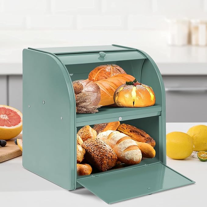 Stainless Steel Bread Box, 2 Layer Roll Top Bread Boxes, Large Capacity Food Storage Container for Kitchen Counter, Metal Bread Bin, Bread Holder for Countertop 11.8" x 9.6" x 12.8" (Green) - Image 4