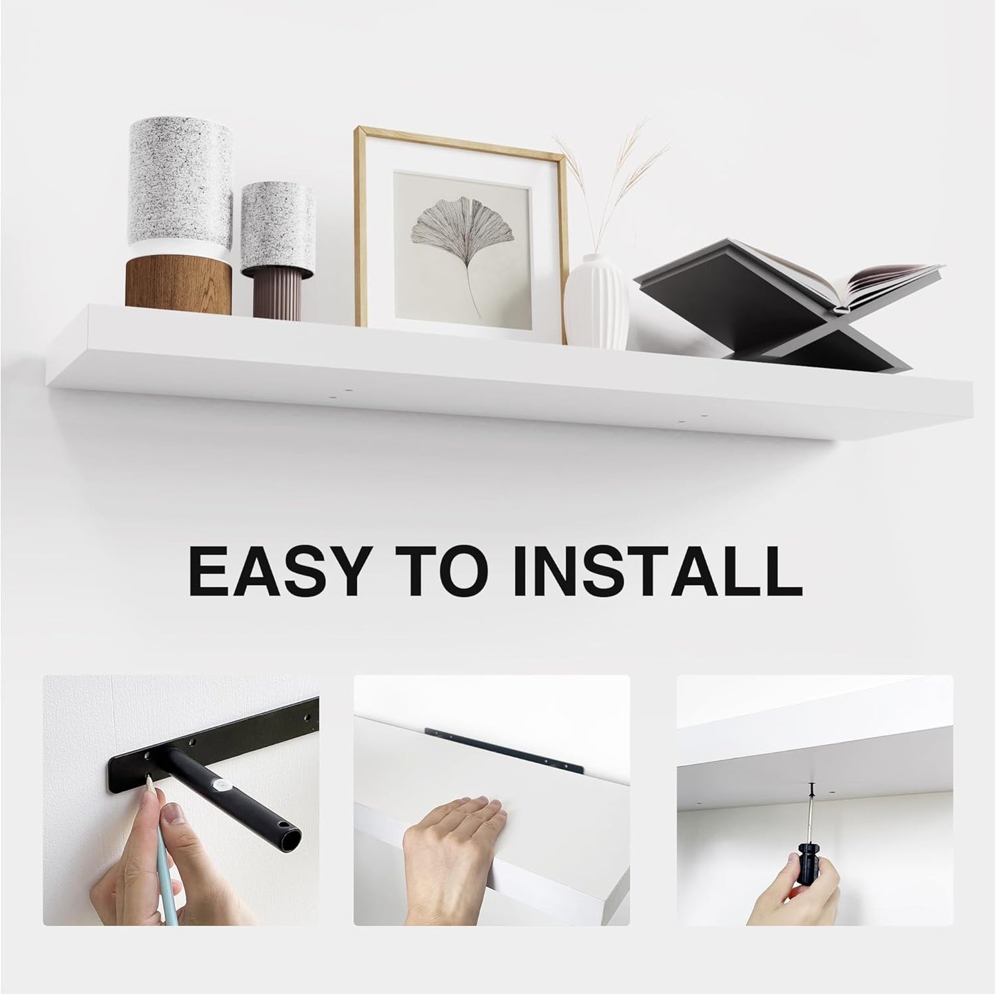 Colima Floating Shelves for Wall White Wood Shelf for Bedroom, 36 Inch Wall Mounted Floating Shelves for Bathroom Living Room Kitchen Office, 1.3" Thick Floating Book Shelves for Wall, Set of 2