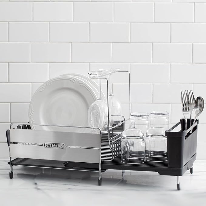 Sabatier Expandable Dish Drying Rack with Drainboard - Stainless Steel Dish Rack for Kitchen Counter, Stemware Holder and Utensil Caddy Included - Image 6