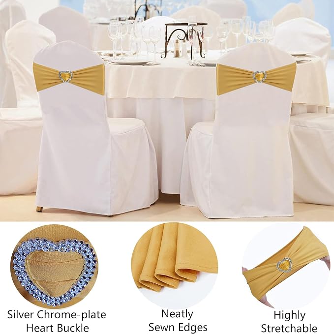 Gold Chair Sashes for Wedding 50 PackSpandex Gold Sashes for Chairs Covers Stretch Chair Sashes Band with Heart Buckle Slider Wedding Sashes Bows for Banquet Party Decorations - Image 3
