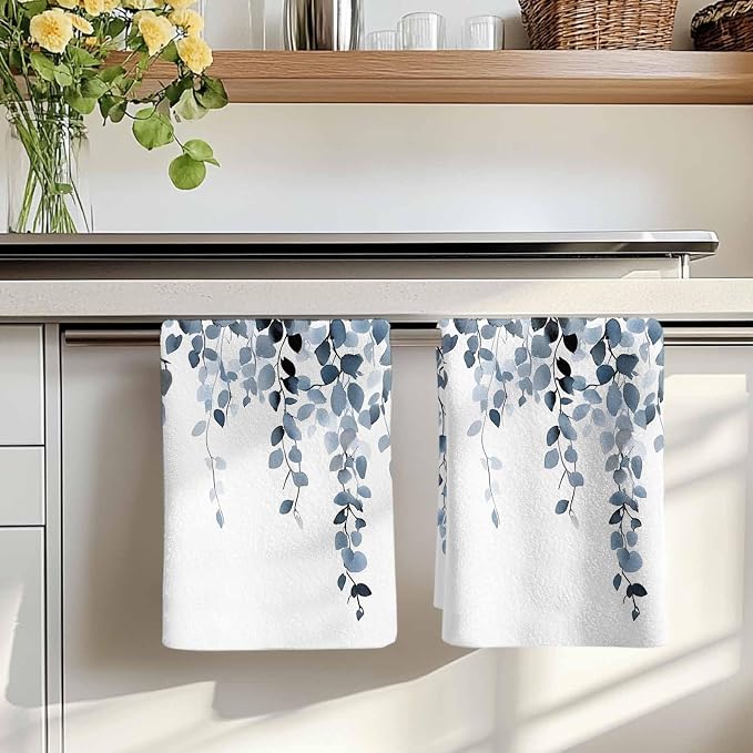 Blue Grey Eucalyptus Kitchen Towels Set of 3, Absorbent Dish Towels for Kitchen, Spring Summer Botanical Plants Chic Microfiber Hand Towel, Quick Drying Tea Towel for Cleaning Decorative Dishcloths - Image 7
