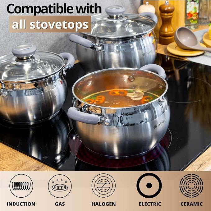 Daniks Modern 3 Quart Stainless Steel Stock Pot with Glass Lid, Tri-Ply Bottom for Even Heating, Induction Compatible, Dishwasher Safe, Heatproof Handles - Image 5