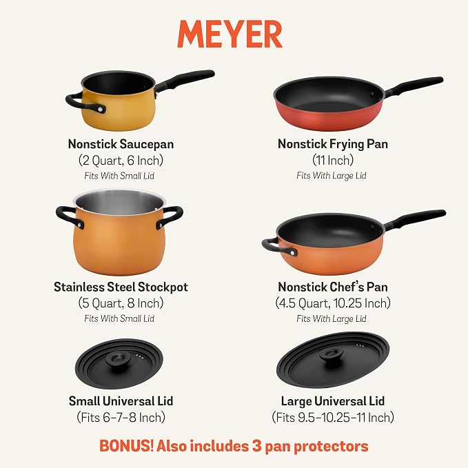 Meyer 6pc Stackable Set with Universal Lids | Hard Anodized Non Stick and Stainless Steel Pots and Pans | Induction Compatible | Dishwasher Safe | Oven Safe | Red, Orange, Yellow | Accent Cookware - Image 5
