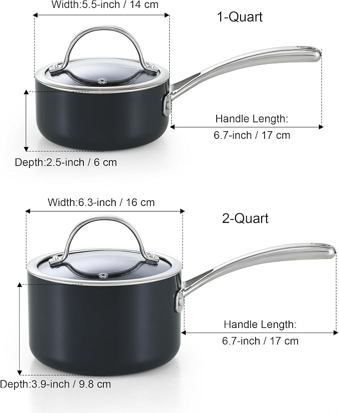 Cooks Standard Classic 1 Quart and 2 Quart Nonstick Saucepan Set with Glass Lids, Hard Anodized Non Stick Sauce Pans, Small Kitchen Cooking Sauce Pots Mini Milk Pans, Dishwasher Safe Cookware, Black - Image 2