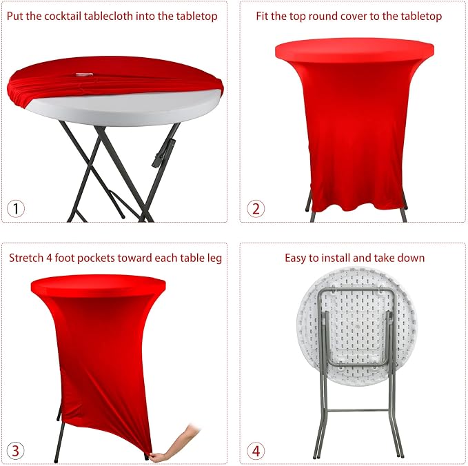 6 Pack Cocktail Spandex Tablecloth 32"x43" Red Stretch Square Corners Cocktail Table Cover Fitted High Top Round Table for Bar Wedding Birthday Party Banquet - Image 6