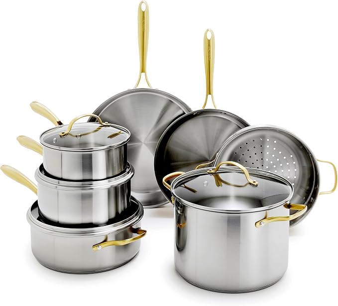 GreenPan Stainless Steel Cookware Set, 11 Piece, Induction Cookware, Dishwasher Safe, Oven Safe to 600F, Large 8QT Stock Pot, Sauce, Saute, Frying Pans, Pots & Pans Kitchen Essentials, Gold by GreenPan