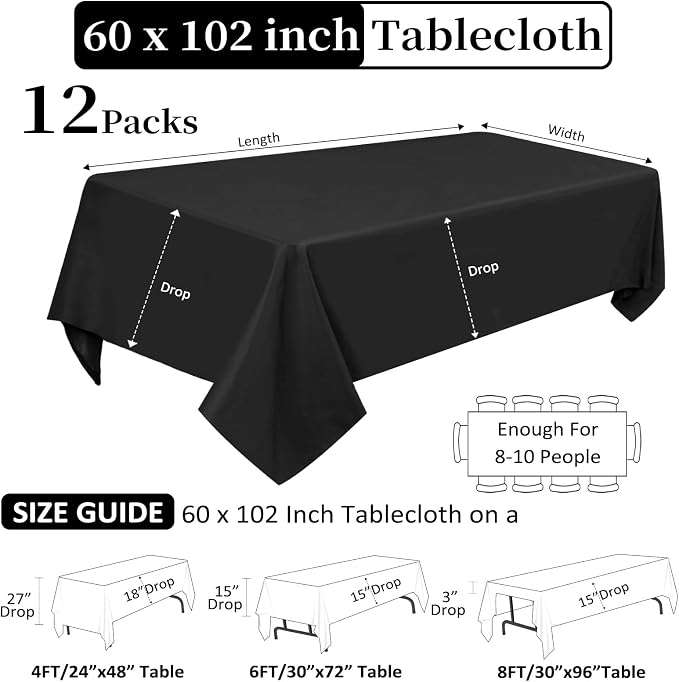 12 Pack Black Tablecloths Rectangle 60 x 102 Inch for 6 Foot Tables - Image 2