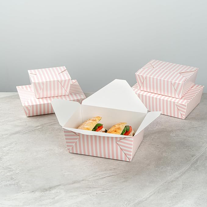 Restaurantware-Bio Tek 8.5 x 6.2 x 3.5 Inch Food Containers, 200 Durable Takeaway Boxes - Disposable, Striped, Pink And White Paper 98 Ounce Takeout Boxes, Rectangle, For Takeouts And Delivery - Image 9