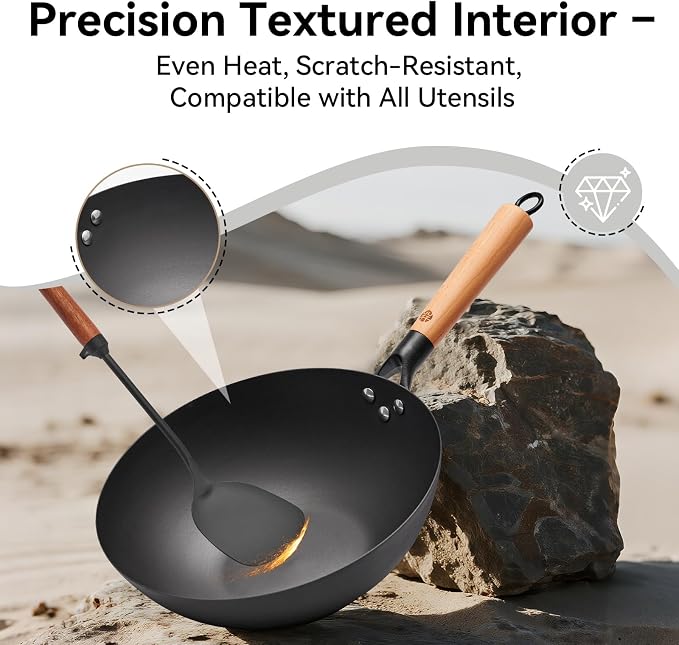 WANGYUANJI 11.8" High Purity Iron Wok Pan,Flat Bottom Stir Fry Pan for Electric,Induction & Gas Stoves,No Chemical Coating Carbon Steel Alternative,Traditional Hand-Hammered Skillet for Cooking - Image 3