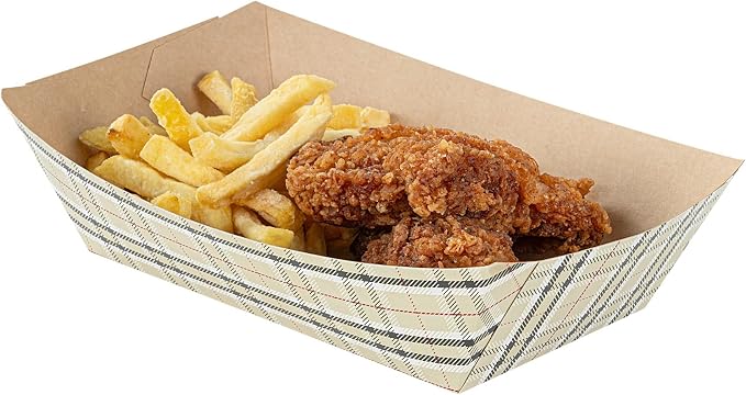Restaurantware-Bio Tek 2 Pound Food Trays, 50 Disposable Paper Food Trays - Heavy-Duty, Greaseproof, Plaid Paper Boats, For Snacks, Appetizers, Or Treats, Use At Parties Or Carnivals by Restaurantware