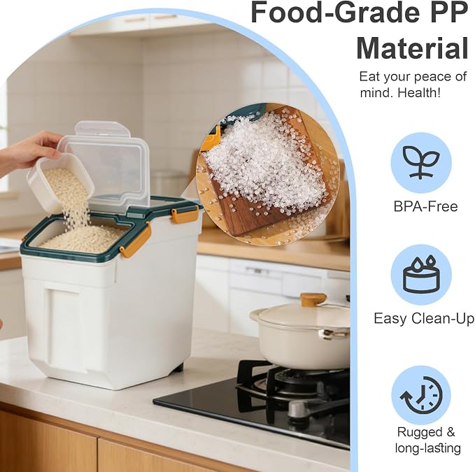 Saim 4Pack 50lb Flour & Rice Storage Container Bin (Dark Blue) | BPA free plastic with seal lid, rolling wheels and measuring scoop for rice, flour, cereal and grain one-hand scooping - Image 5