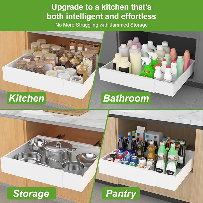 ANTOWIN 1-Pack Expandable Pull Out Cabinet Organizer 21"Deep(12.2"-20.5"W), 3 Full Extension Glides Slide Out Drawers, Roll Out Shelves Adhesive Raising Pad,Compatible Framed Cabinets,90lb Cap,White - Image 7