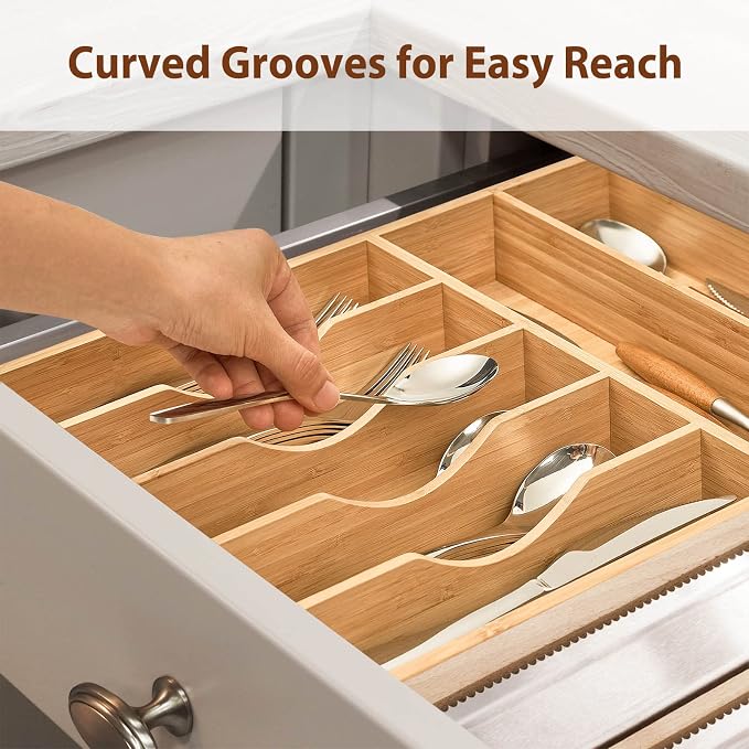 Umilife Kitchen Drawer Organizer, 12.5 Inch Silverware Utensil Tray Holder, Extra Deep, with Non-Slip Feet & Grooved Drawer Divider, 7 Slots Total Bamboo Wood Caddy for Flatware Cutlery Knives - Image 6