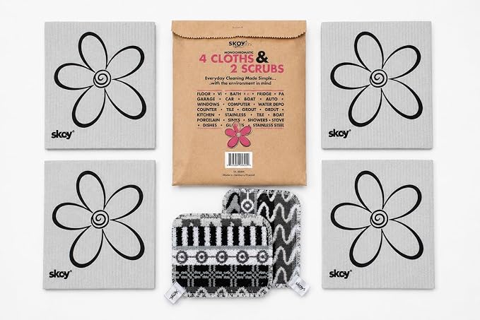 Skoy Bundle, 2-Pack Skoy Scrub, and 4-Pack Skoy Swedish Dishcloth, Reusable Cleaning Products for Kitchen and Household, Planet-Friendly, Dishwasher Safe Soft Scrub, Monochromatic Colors by Skoy