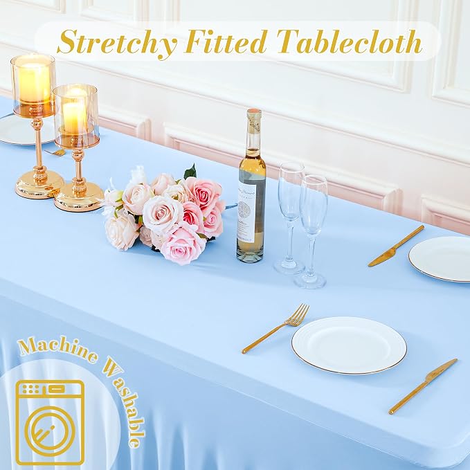 6 Pack Baby Blue Table Cloth for 8 Foot Rectangle Tables Spandex Fitted Tablecloth 8ft Stretch Table Covers Skirt Baby Blue Banquet Tablecloths Wrinkle Free Tablecloth for Party Wedding Birthday Event - Image 7
