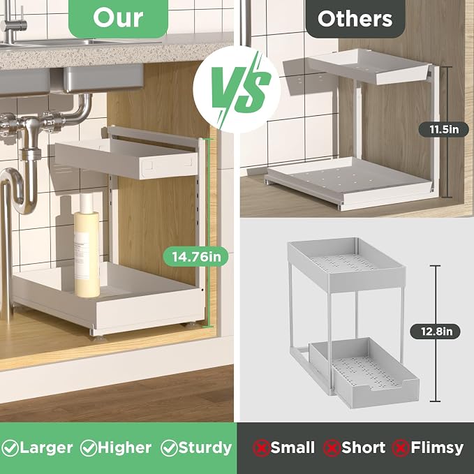 Under Sink Organizer Bathroom Kitchen: 2 Pack 2 Tier Metal Under Cabinet Storage with Height-adjustable Shelf and Pull out Rack for Pantry Vanity Cupboard Counter Countertop, White - Image 2