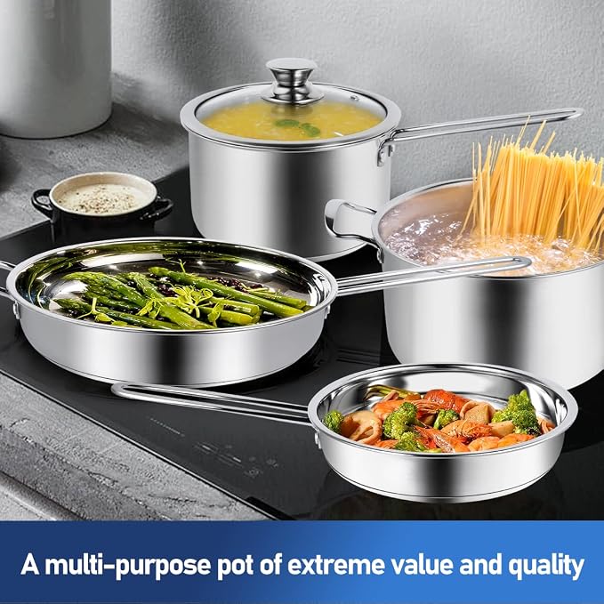 Aufranc 10-Piece Pots and Pans Set, Stainless Steel Cookware Set- Includes Ergonomic Handle Saucepans, Skillets, Dutch Oven, Stockpot, Steamer & More - Premium Pots and Pans for Home Chefs - Image 6