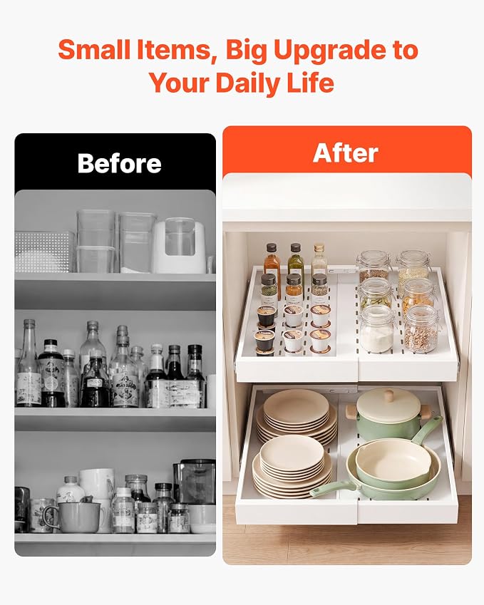 VEVOR Pull Out Cabinet Organizer, 4 Pack Expandable Width (12.2"-18.9"), 20.47" Deep Pull Out Drawers for Cabinets, Sliding Drawer for Kitchen Pantry Cabinet Organizer with Nano Adhesive Strips, White - Image 6