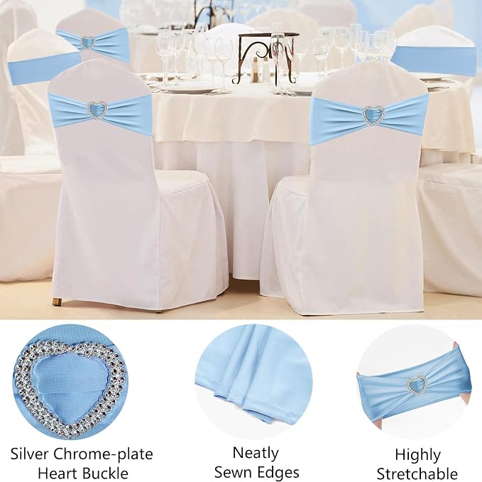 Baby Blue Chair Sashes 25 Pack Spandex Light Blue Sashes for Chairs Covers Stretch Chair Sashes Band with Heart Buckle Slider Bows for Wedding Banquet Party Event Decoration - Image 3