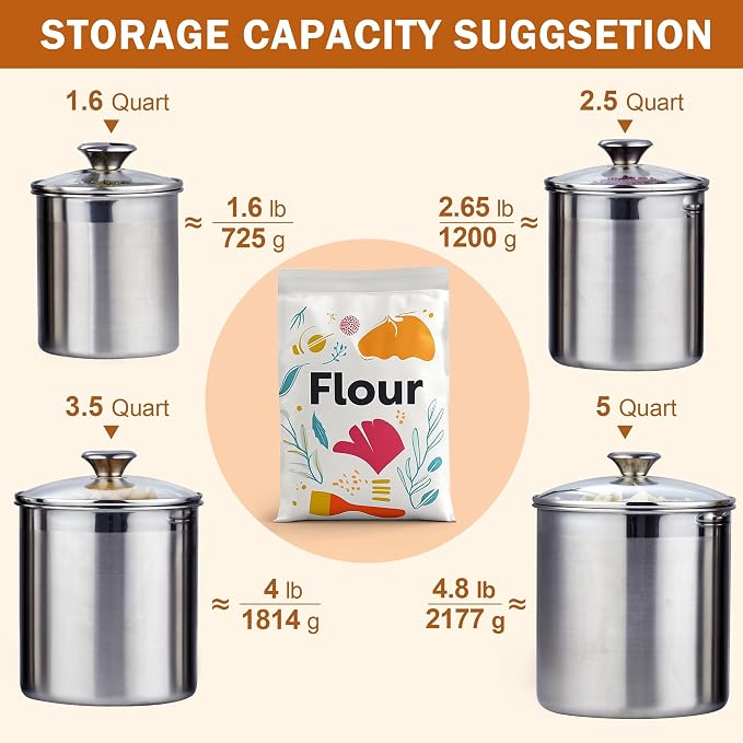 Cooks Standard Large Airtight Kitchen Canister Set for Coffee, Flour & Sugar Storage – 18/10 Stainless Steel Food Storage Containers with Glass Lid – Pantry Organization Jars, 4 Pack (5 Qt to 1.6 Qt) - Image 3