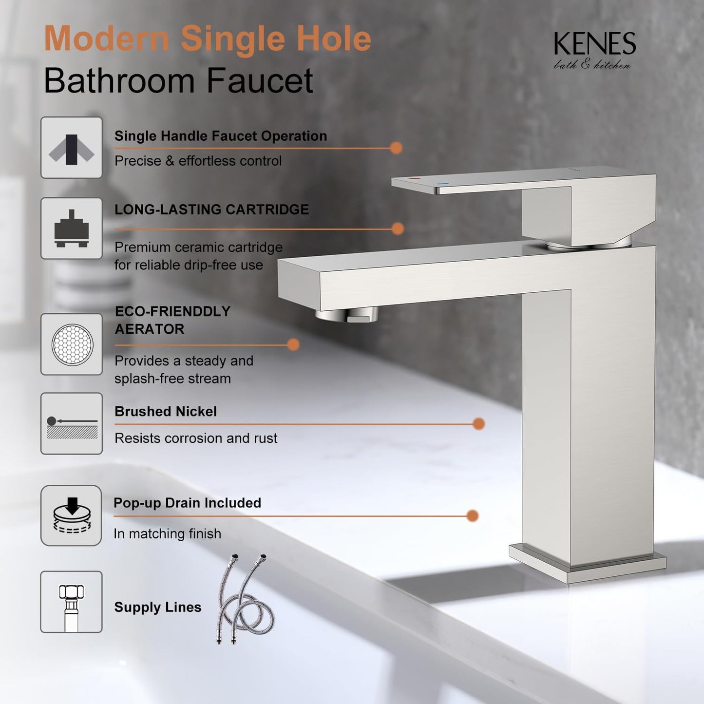KENES Single Handle Bathroom Sink Faucet, Brushed Nickel Vanity Faucet for Bathroom Sink, with Pop Up Drain Stopper & Water Supply Lines LJ-9031