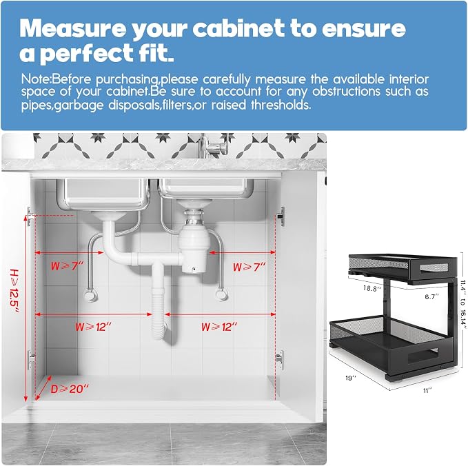 2 Pack 19IN Depth Under Sink Storage Organizer, Large 2-Tier Elegant Mesh Pull Out Shelf for Kitchen and Bathroom Cabinet Organization, L-Shaped and Adjustable Height Design-Black - Image 2