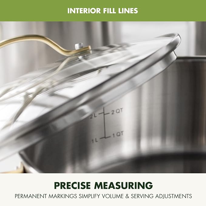 GreenPan Stainless Steel Cookware Set, 11 Piece, Induction Cookware, Dishwasher Safe, Oven Safe to 600F, Large 8QT Stock Pot, Sauce, Saute, Frying Pans, Pots & Pans Kitchen Essentials, Gold - Image 7