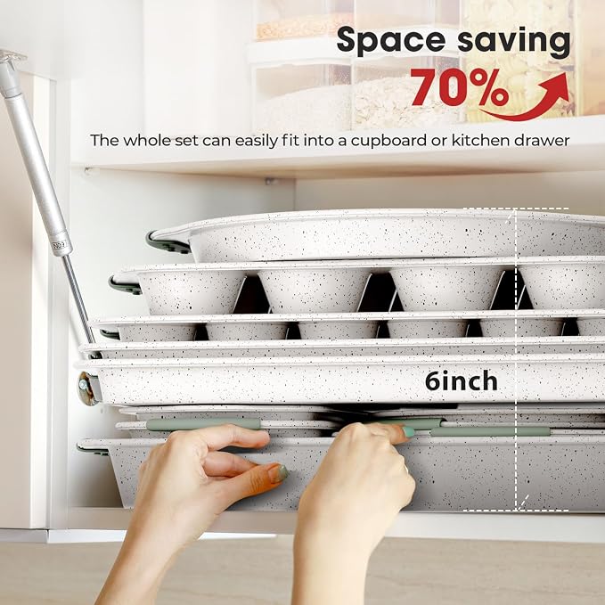 11-Piece Non-Toxic Baking Set, Stackable Nonstick Cookware, White&Green | Bakeware Set with Heat-Resistant Handles - Includes Cookie Tray, Round Cake Pan, Muffin Cups, Pizza Pan & Loaf Baker - Image 4