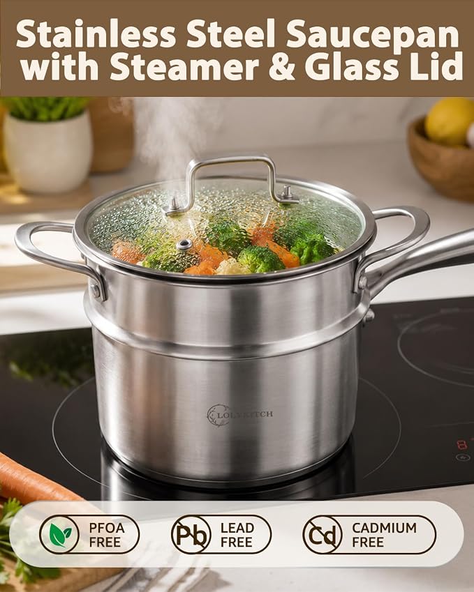 LOLYKITCH 1.5-Quart Stainless Steel Saucepan with Steamer & Glass Lid - Image 5