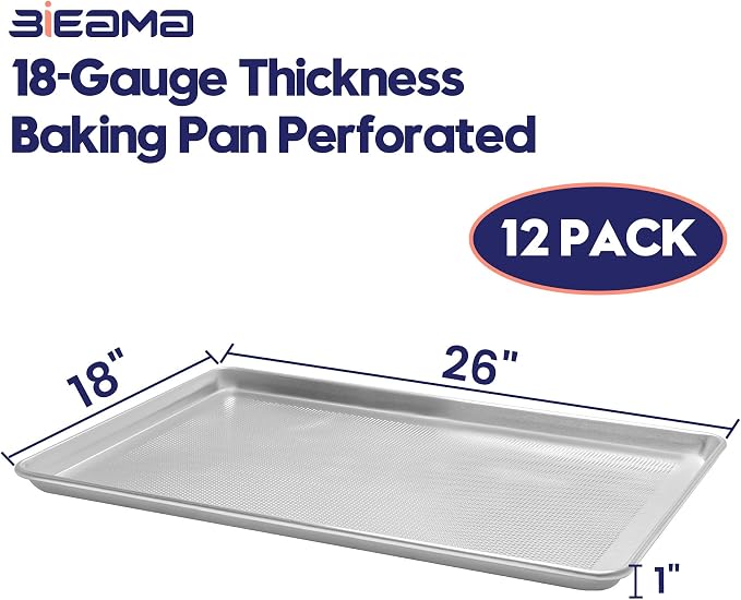 BIEAMA 12 Pack Perforated Full Size 26" x 18" Baking Sheet Pan | Aluminum Commercial Bakery Equipment Cookie Sheets, NSF Approved Baking Tray - Image 2