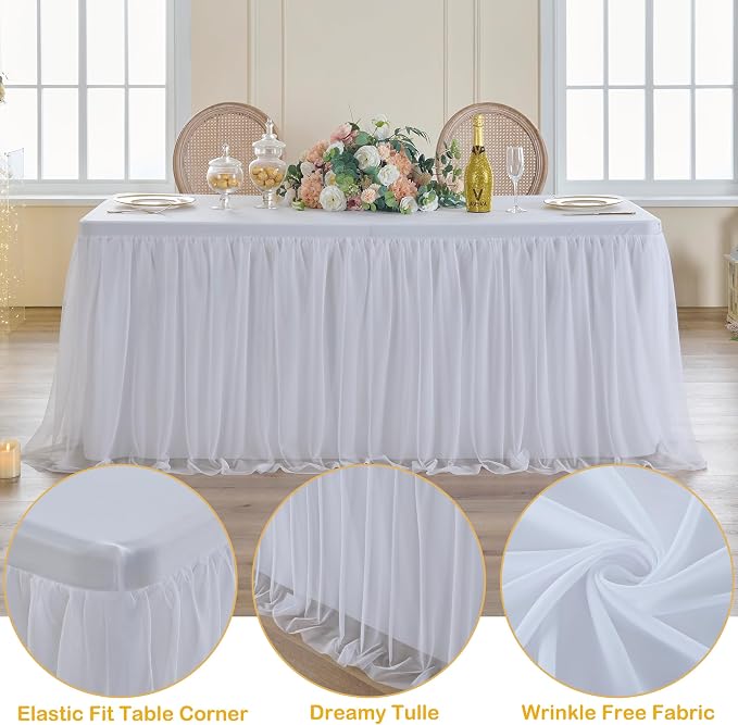 CO-AVE 6pack White Tulle Tablecloth for 8ft Rectangular Tables, 2-in-1 Elastic Stretch Spandex Cover with Tutu Ruffle Skirt, Wrinkle Free for Wedding, Birthday, Banquet, Buffet, Bridal Shower - Image 2