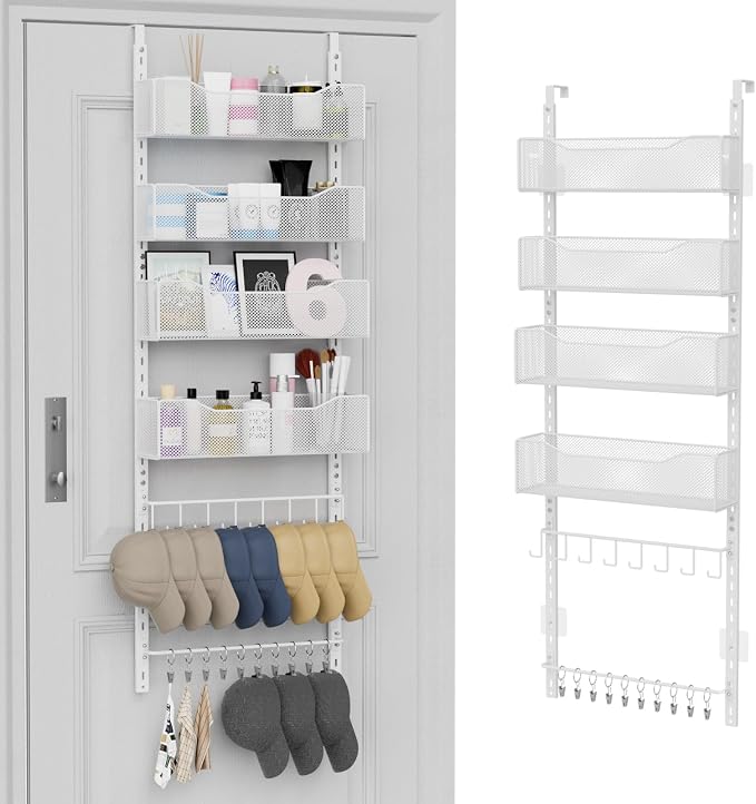 Over the Door Organizer, 2 in 1 Metal Hanging Closet Organizer & Hat Rack with 4 Adjustable Baskets, 8 Hooks, 10 Clips, Behind The Door Storage for Bedroom, Bathroom, Entrance, Closet, Kitchen, White by NEYCIL