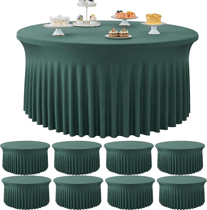 8 Pack Hunter Green Spandex Round Tablecloths for 72 inch Table, Stretchy 132inch Fitted 6FT Round Table Cloths, Wrinkle Free Table Cover with Skirt for Wedding Party Dining Banquet by Htper
